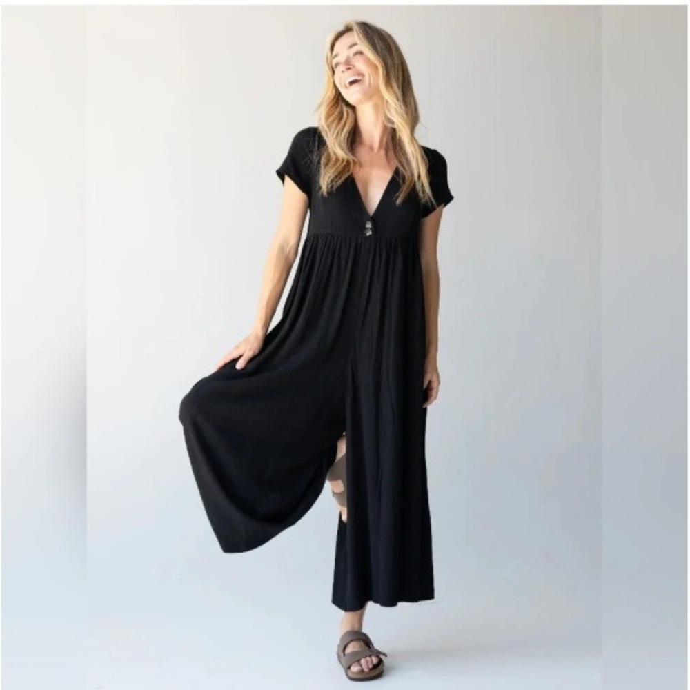 Natural Life Avery Black Wide Leg Jumpsuit Short Sleeve Linen Blend Cropped L/XL